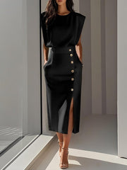 Women's Summer Split Dress With Buttons Casual Sleeveless Midi Dress Clothing