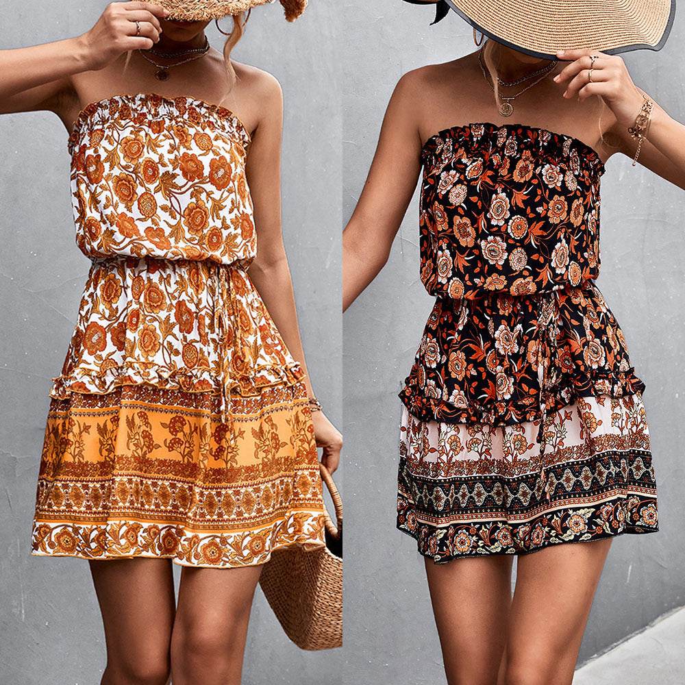 Women's Bohemian Floral Print Strapless Dress Summer Beach Dress - ProTrendyz