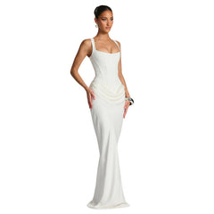 Womens Elegant Solid-Color Slim-Fit Waist-Cinching Backless Slip Dress
