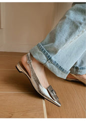French Retro Metal Buckle Pointed Toe Slingback Flats For Women