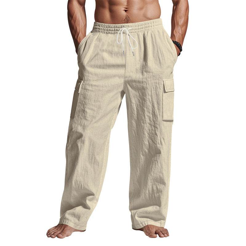 Men's Workwear Multi-pocket Straight Linen Pants Linen Four Seasons Thin Breathable Cargo Pants, Multi-pocket Loose Casual Trendy Wide-leg Pants - ProTrendyz