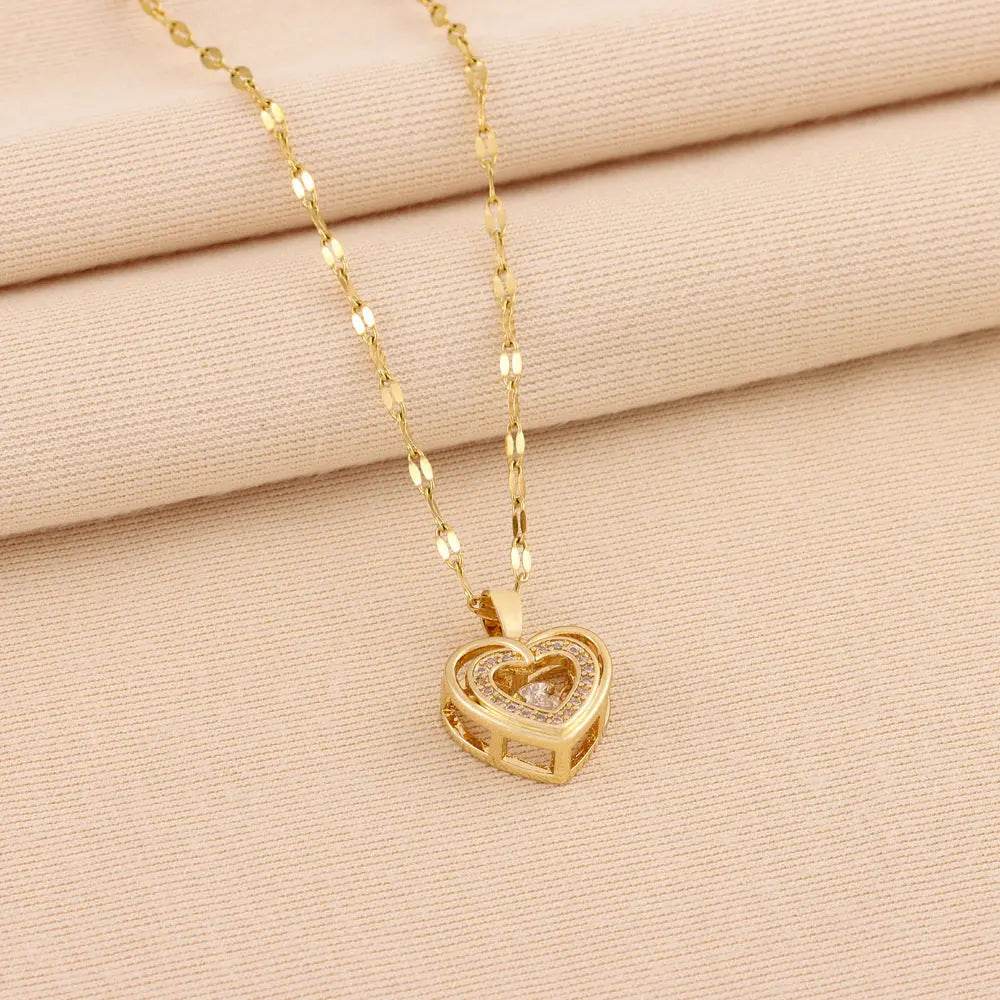 Double-layer Love Necklace With Rhinestones Titanium Steel Pendant Fashion Jewelry Woman Valentines Day Gift US - ProTrendyz