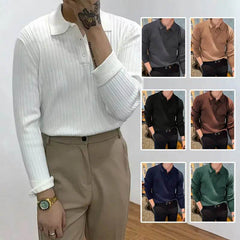 Lapel Texture Stretch Slim Knit Polo Shirt Men Polo Shirt Fashion Waffle Long-sleeved Tops Clothing Casual Comfortable Golf Men's Clothing - ProTrendyz