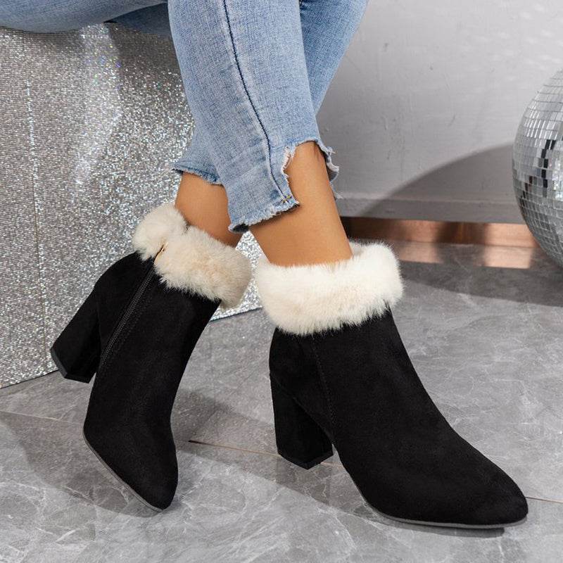 New Plaid Print Plush Ankle Boots Winter Fashoin Square Heel Suede Boots Women Casual Versatile Shoes Autumn And Winter - ProTrendyz