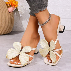 French Niche Temperament Butterfly One Line Slippers, Slim Heel Square Toe High-heeled Sandals, Cool Sandals
