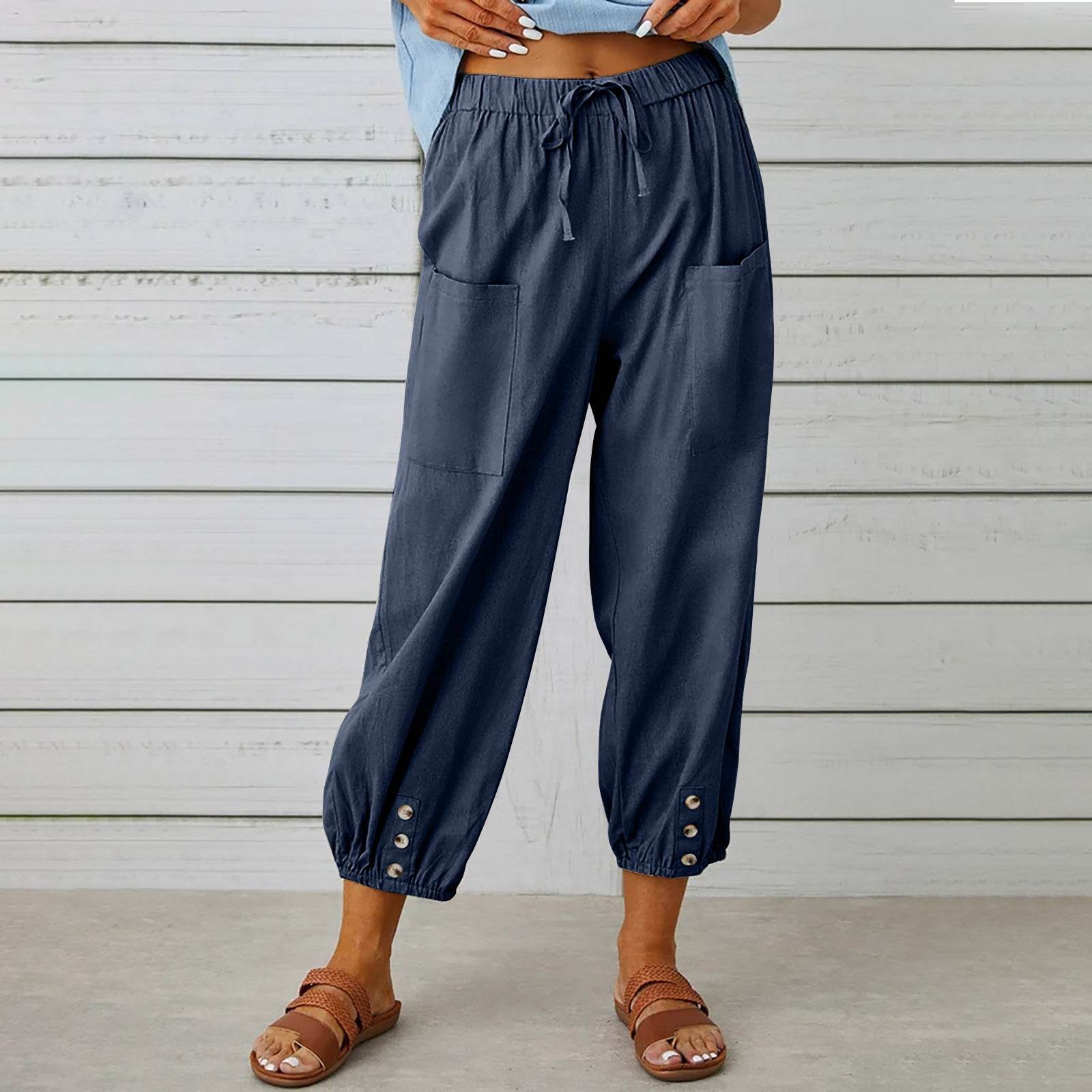 Women Drawstring Tie Pants Spring Summer Cotton And Linen Trousers With Pockets Button - ProTrendyz