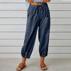 Women Drawstring Tie Pants Spring Summer Cotton And Linen Trousers With Pockets Button - ProTrendyz