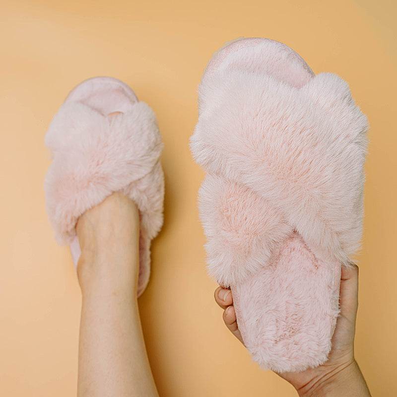 Women Fashion Warm Fluffy Slippers Cozy Faux Fur Cross Indoor Floor Slides Flat Soft Furry Ladies Female Celebrities Flip Flops - ProTrendyz