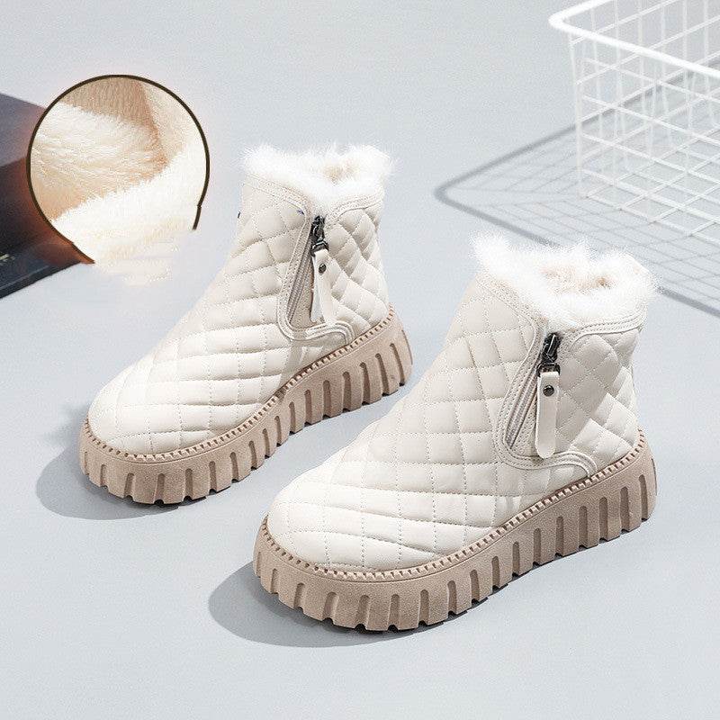 Women's Plaid Pattern Platform Ankle Boots Casual Side Zipper Plush Lined Snow Boots Winter Comfortable Short Boots - ProTrendyz
