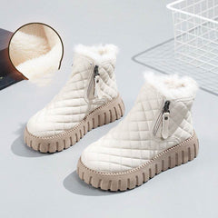 Women's Plaid Pattern Platform Ankle Boots Casual Side Zipper Plush Lined Snow Boots Winter Comfortable Short Boots - ProTrendyz