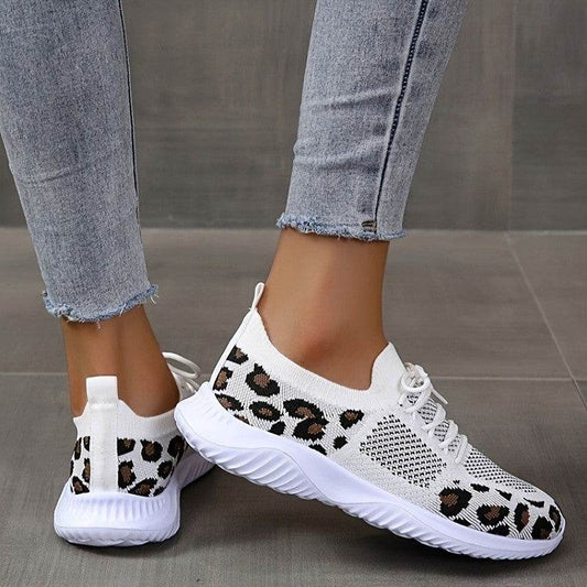 White Shoes Women Leopard Print Lace-up Sneakers Sports - ProTrendyz
