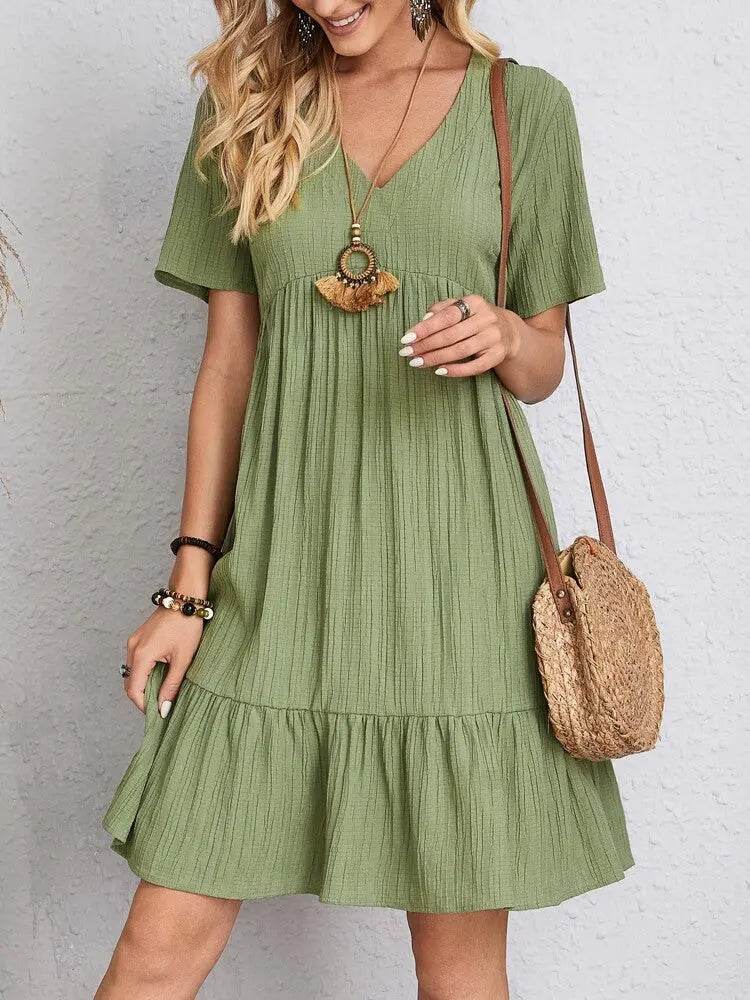 V-neck Short Sleeve Dress Summer Fashion Casual Loose Ruffled Dresses Beach Clothing Women - ProTrendyz