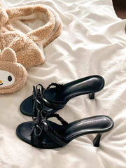 Women's Bowknot High Heel Slide Sandals, Slim Heel Slip On Mules, Elegant Luxury Style For Dresses, Comfort All Day Long