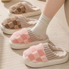 Plaid Plush Slippers Women's Indoor Plush Home Slippers Soft Sole Thick Non-Slip Warm House Shoes Couple Autumn And Winter - ProTrendyz