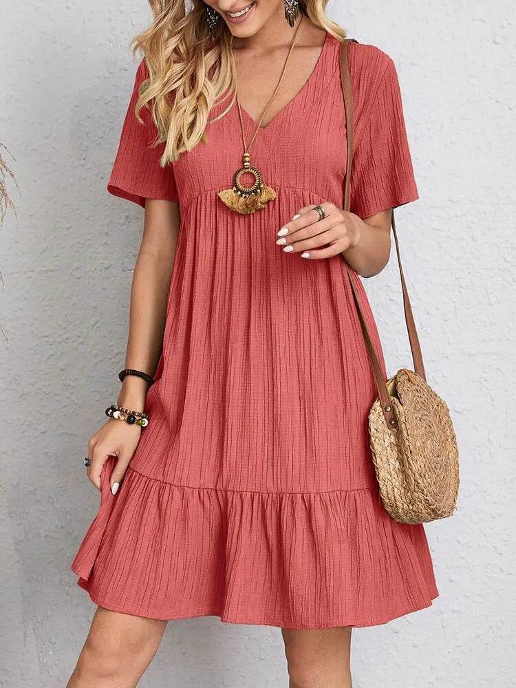 V-neck Short Sleeve Dress Summer Fashion Casual Loose Ruffled Dresses Beach Clothing Women - ProTrendyz