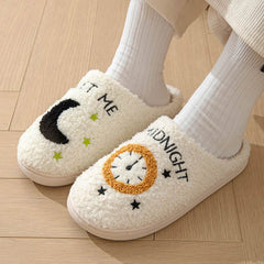 Fashion Moon And Clock Print Home Slippers Winter Warm Floor Bedroom House Shoes For Women - ProTrendyz