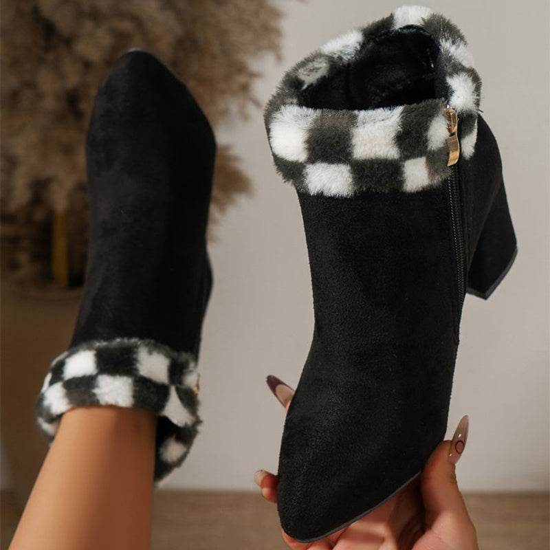 New Plaid Print Plush Ankle Boots Winter Fashoin Square Heel Suede Boots Women Casual Versatile Shoes Autumn And Winter - ProTrendyz