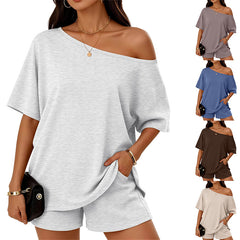 Womens 2-piece Fashionable Casual Set Slant-Neck Top And Shorts For Loungewear Daily Wear Work Gym Outfit