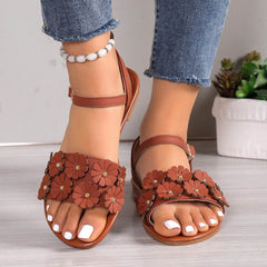 Retro Flowers Sandals Summer Casual Versatile Round Toe Buckle Flat Beach Shoes For Women New Roman Shoes - ProTrendyz