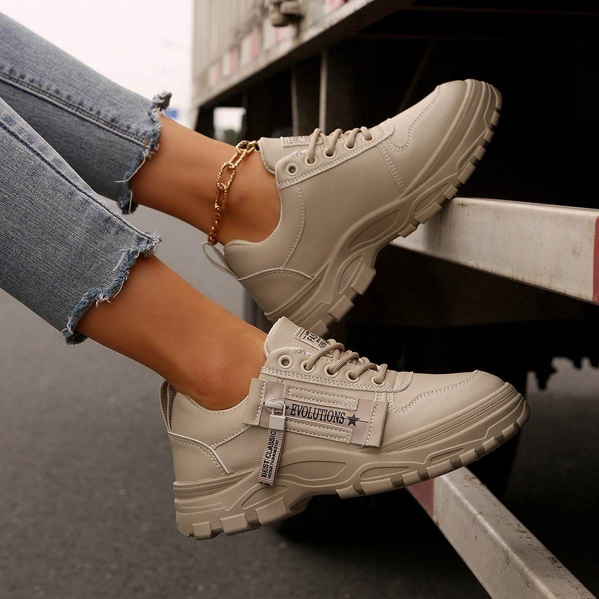 Lace-up Sports Shoes With Side-Zipper Design Fashion Thick-soled Round-toe Casual Shoes For Women Sneakers - ProTrendyz