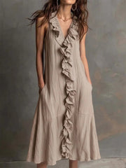 Solid-color Sleeveless Cotton-Linen V-Neck Maxi Dress With Ruffled Hem
