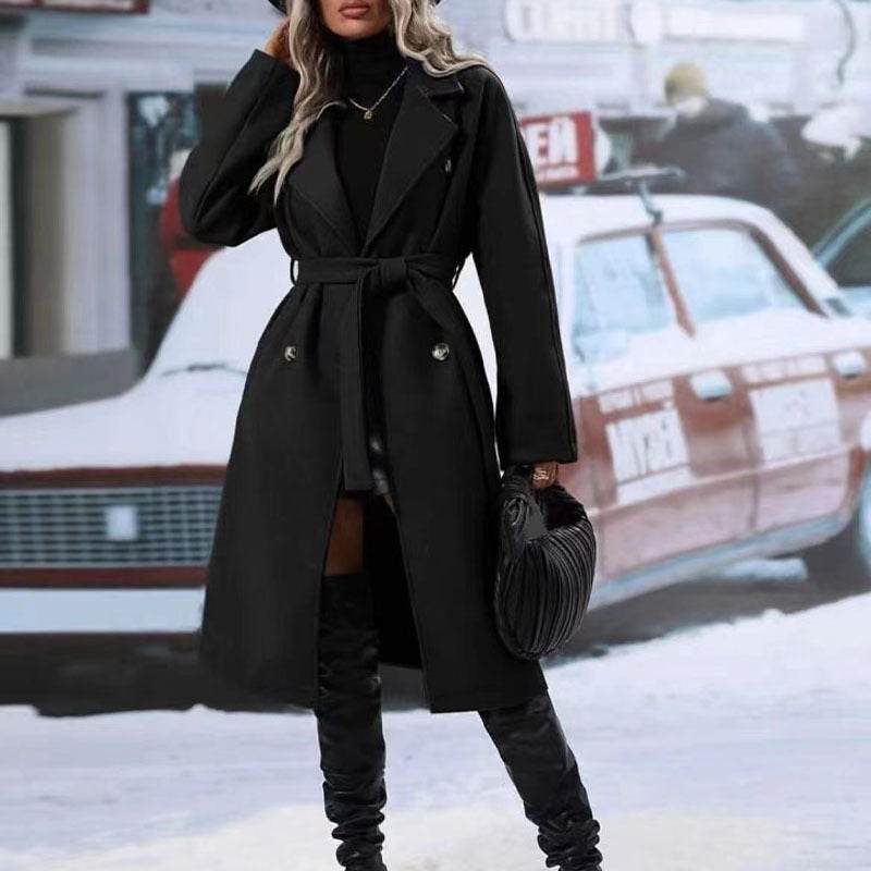 Lapel Double-breasted Trench Coat With Belt Winter Fashion Solid Color Long Jacket Outwear Women Clothing - ProTrendyz