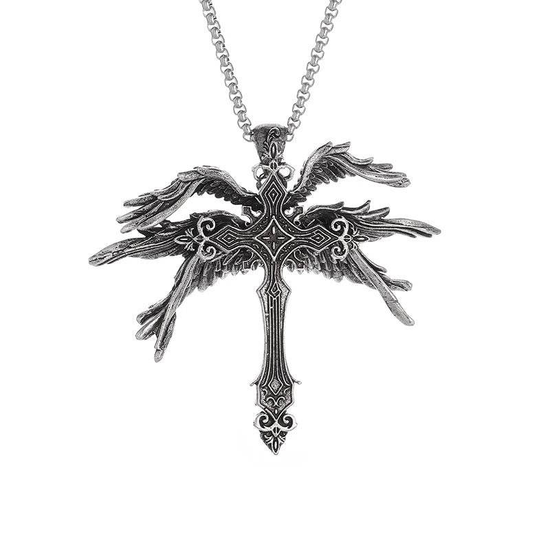 Vintage Silver Six Winged Angel Wings Cross Pendant Necklace - ProTrendyz