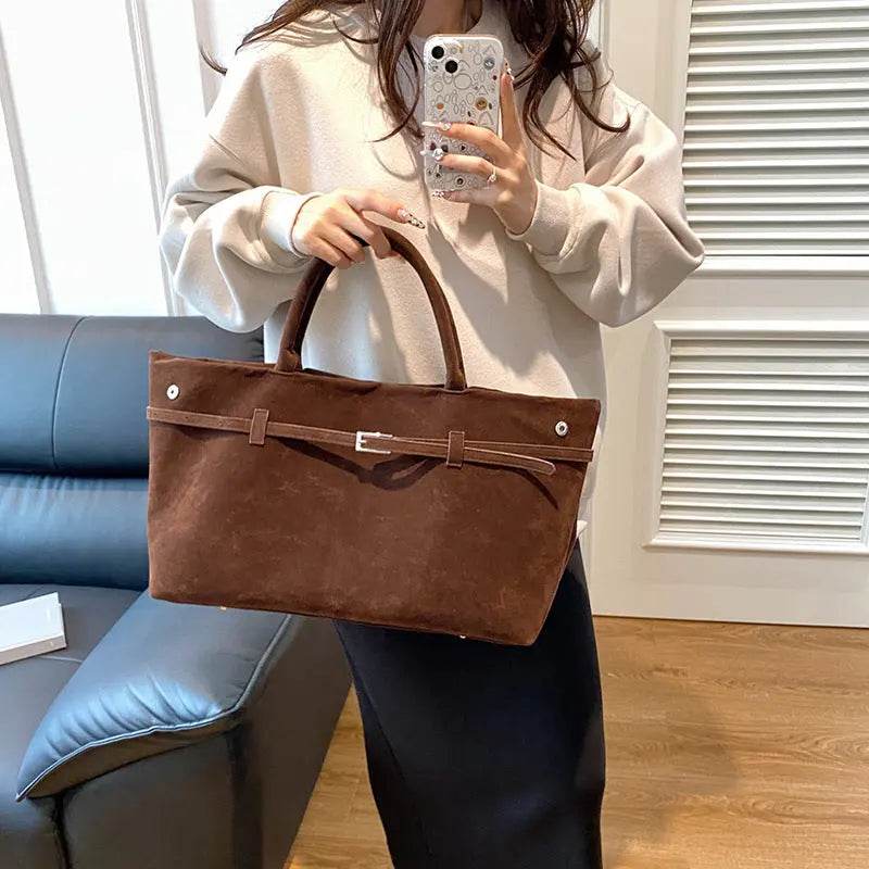 2025 Hot Sale Decorative Design Solid Faux Suede Handbag Large Capacity Casual Tote Bags For Women Tote Design Portable Shoulder Bag - ProTrendyz