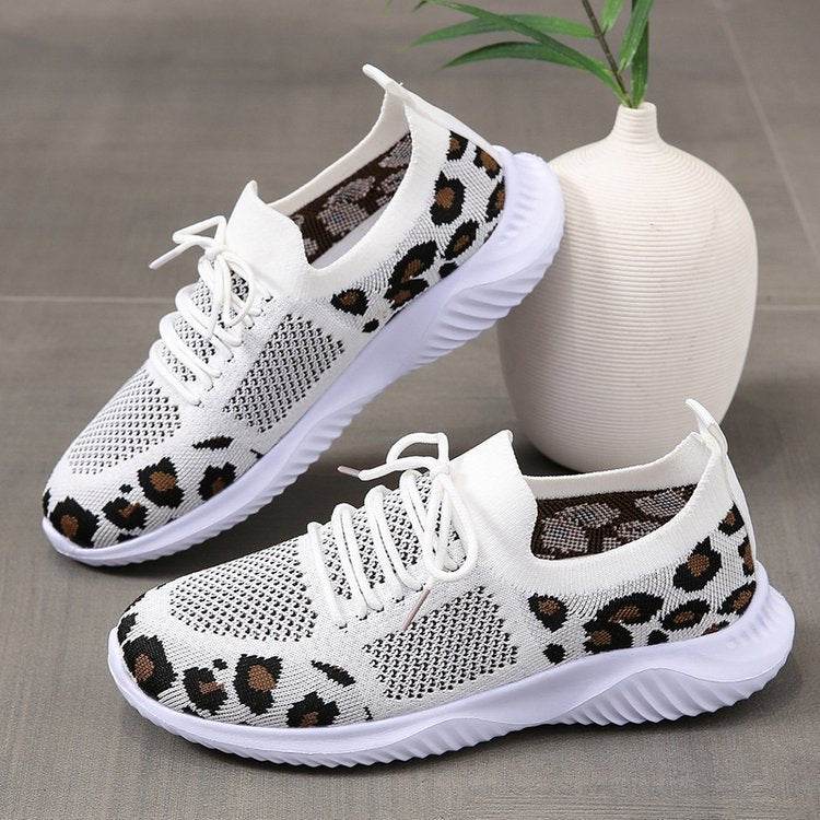 White Shoes Women Leopard Print Lace-up Sneakers Sports - ProTrendyz