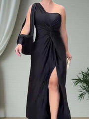 Women's Diagonal Shoulder Knot Split Solid Color Slim Fit Dress