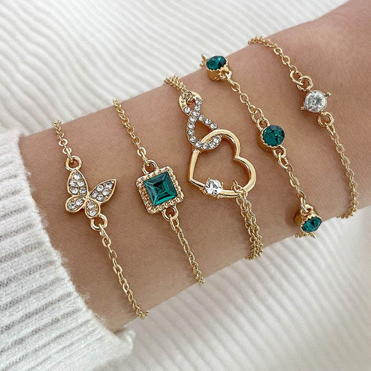Bohemian 5pc Green Crystal Bracelets Jewelry Set For Women Heart Bracelet Wedding Engagement Bracelet Fashion Jewelry - ProTrendyz