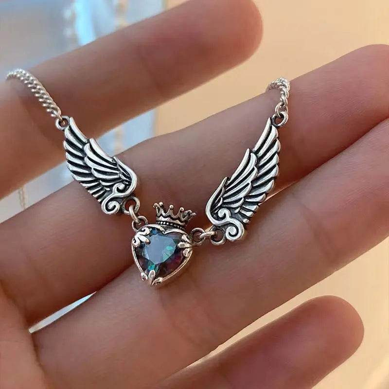 Vintage Gothic Heart Crown Angel Wings Pendant Necklaces For Women Fashion Exquisite Love Shape Clavicle Chain Choker Jewelry Fashion Jewelry - ProTrendyz