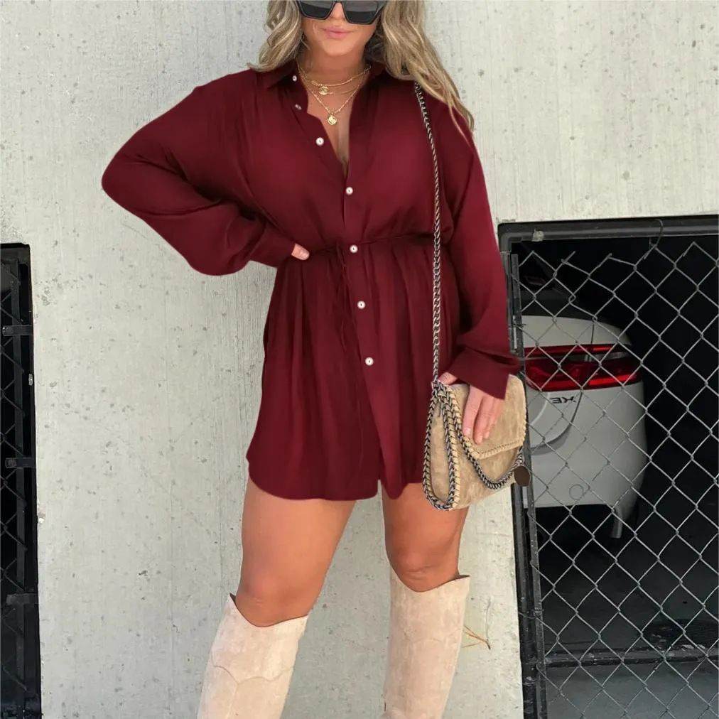 Women's Long Sleeve Jumpsuit With Button Fashion Shirt Dress - ProTrendyz