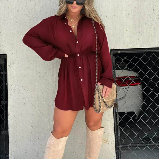 Women's Long Sleeve Jumpsuit With Button Fashion Shirt Dress - ProTrendyz