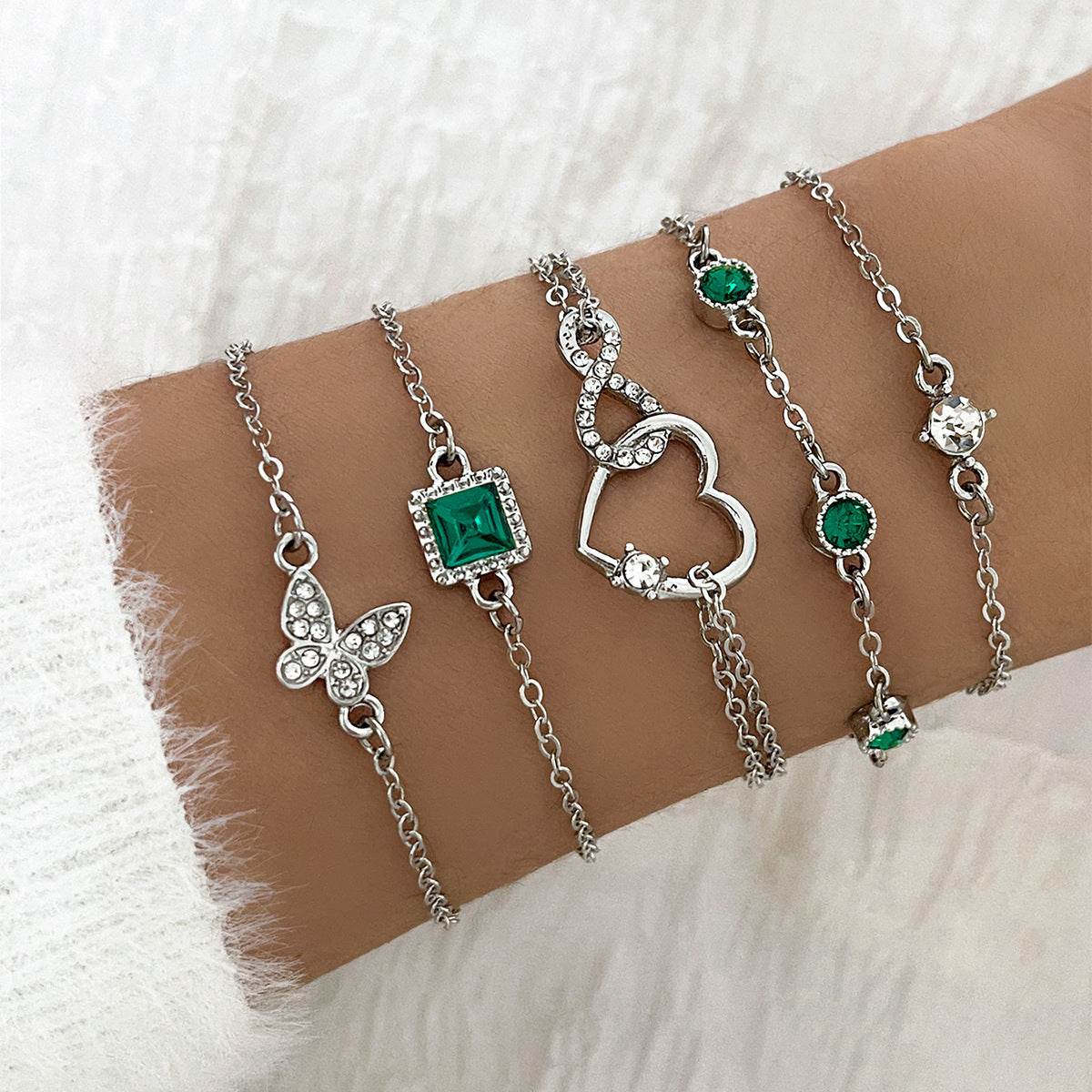 Bohemian 5pc Green Crystal Bracelets Jewelry Set For Women Heart Bracelet Wedding Engagement Bracelet Fashion Jewelry - ProTrendyz
