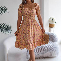 Floral Print Square Collar Dress Summer Fashion Ruffles Dresses Women's Clothing - ProTrendyz