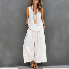 Womens Solid-Colored Casual Sleeveless Tank Top And Wide-Leg Pants Cotton-Linen Set For Daily Wear Holiday Outfit
