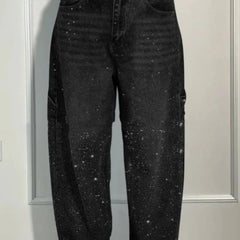 Ins Shiny Straight Jeans With Pockets Fashion Loose Wide-leg Pants For Women Street-style Trousers