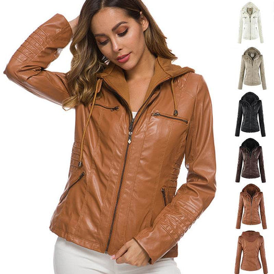 Fashion Detachable Hooded Jacket With Pockets Casual Solid Color Zipper Long Sleeve Leather Coat Autumn Winter Women's Clothing - ProTrendyz