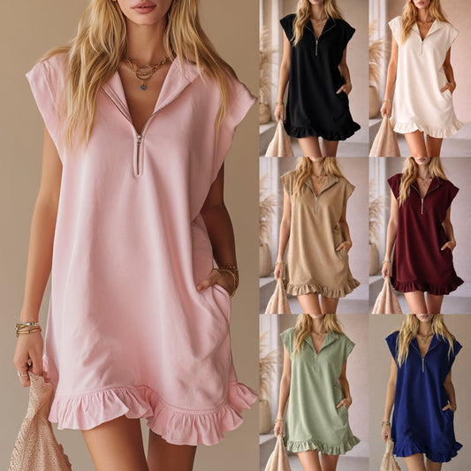 V-Neck Sleeveless Dress - Women's Casual Summer Dress With Two Front Pockets And Back Zipper Closure For Daily Wear