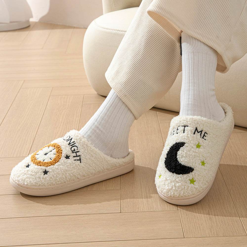 Fashion Moon And Clock Print Home Slippers Winter Warm Floor Bedroom House Shoes For Women - ProTrendyz