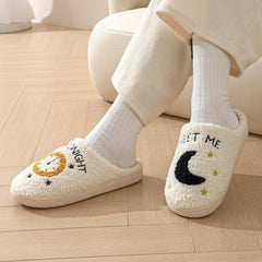 Fashion Moon And Clock Print Home Slippers Winter Warm Floor Bedroom House Shoes For Women - ProTrendyz