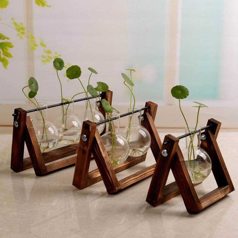 Swing Wooden Stand Hydroponic Plant Container Glass Vase - ProTrendyz