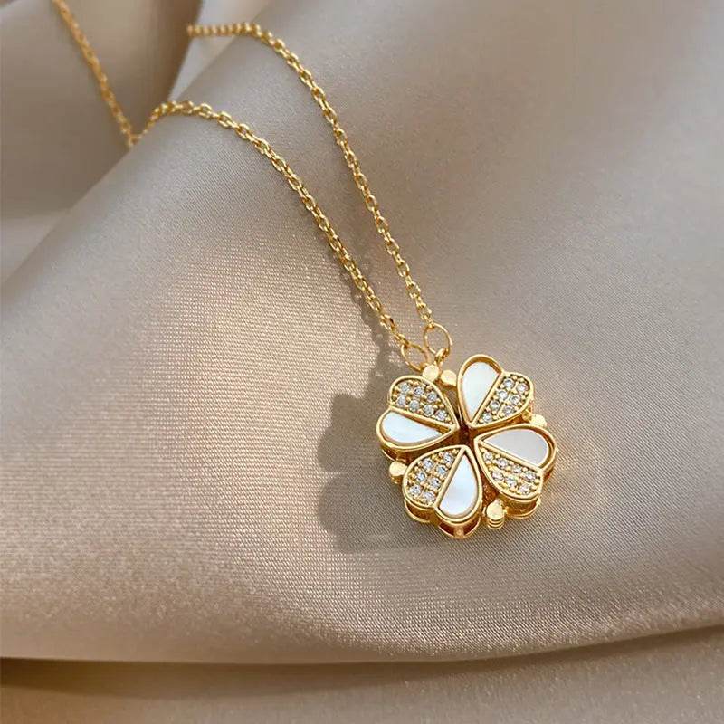 Luxury Four Leaf Clover Pendant Necklace Stainless Steel Crystal Heart Jewelry For Women Gift - ProTrendyz