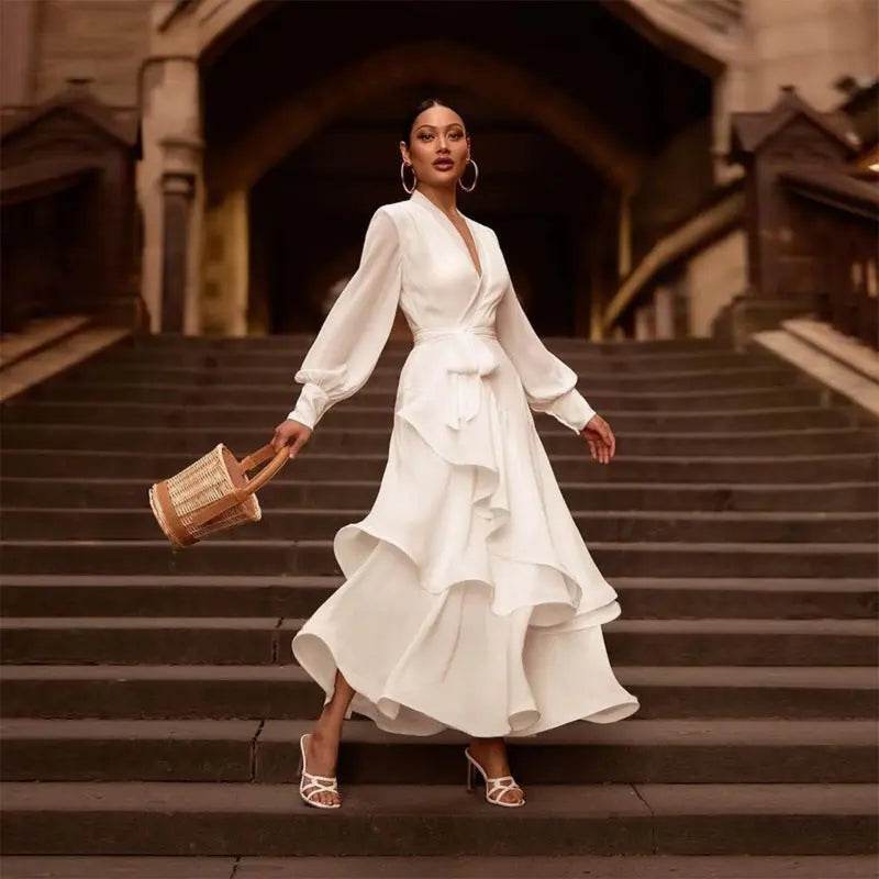 V-neck Prom Dress Long Sleeve Ruffles Long Prom Dress Elegant Dresses For Women White Satin Dress Layered Woman Clothes Casual 3XL XXXL - ProTrendyz