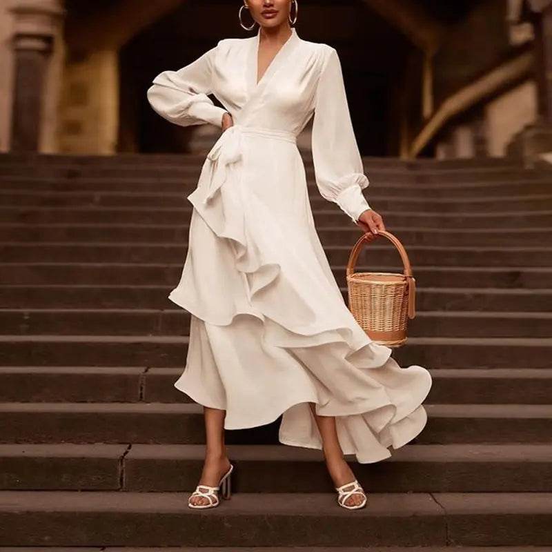 V-neck Prom Dress Long Sleeve Ruffles Long Prom Dress Elegant Dresses For Women White Satin Dress Layered Woman Clothes Casual 3XL XXXL - ProTrendyz
