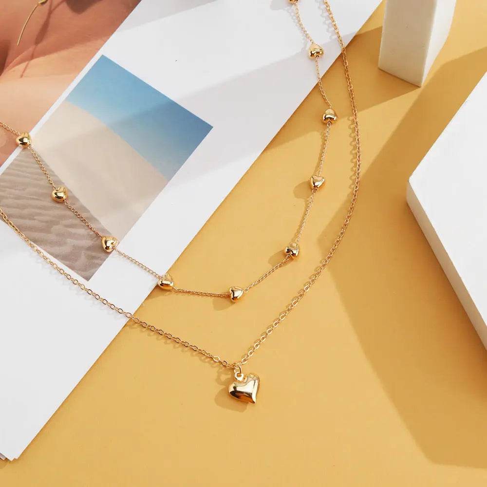 Double-layer Heart Pendant Fine Chain Necklace For Women Multilayer Gold Color Metal Necklaces Fashion Jewelry Accessories - ProTrendyz