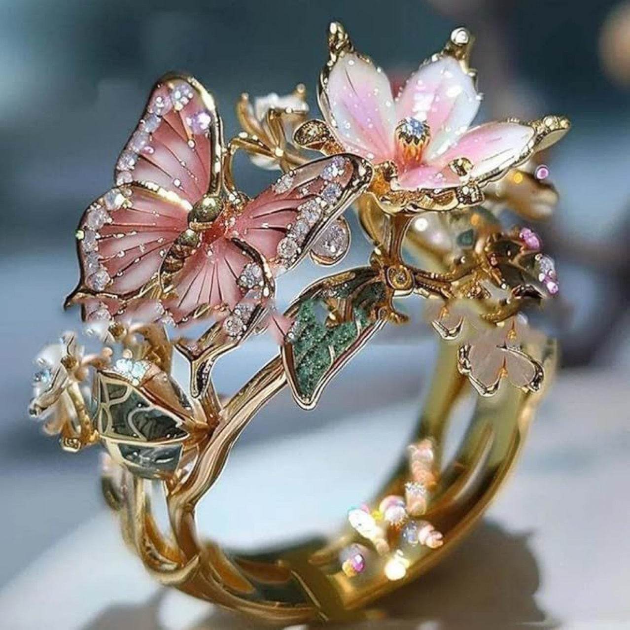 INS Flower Butterfly Ring With Rhinestones And Oil Dropping Design Fashion Personalized Jewelry For Women - ProTrendyz