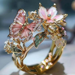 INS Flower Butterfly Ring With Rhinestones And Oil Dropping Design Fashion Personalized Jewelry For Women - ProTrendyz
