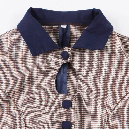 Color Effect Collar Hollow High-grade Houndstooth Patchwork Ruffled Waist-tight Autumn And Winter Long Sleeve Retro Dress XL XXL 2XL - ProTrendyz